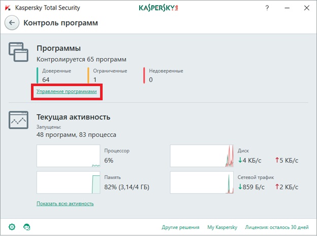 Контроль программ Kaspersky Total Security